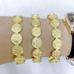 BA1041 Fashion18K Gold Plated Brass Curb Cuban Link Chain Saint Virgin Mary Coins Hand Cuff Bangle for Women