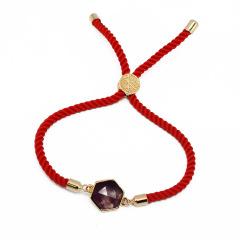 BN4014 Fashion Dainty Gold Bezel Natural Gemstone Charm Friendship Bracelet with Adjustable Rope Chain for Girls Ladies