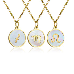 NS1163 High Quality Gold Plated Stainless Steel White Shell Disc Horoscope Pendant Chain Zodiac Necklace Jewelry for Men