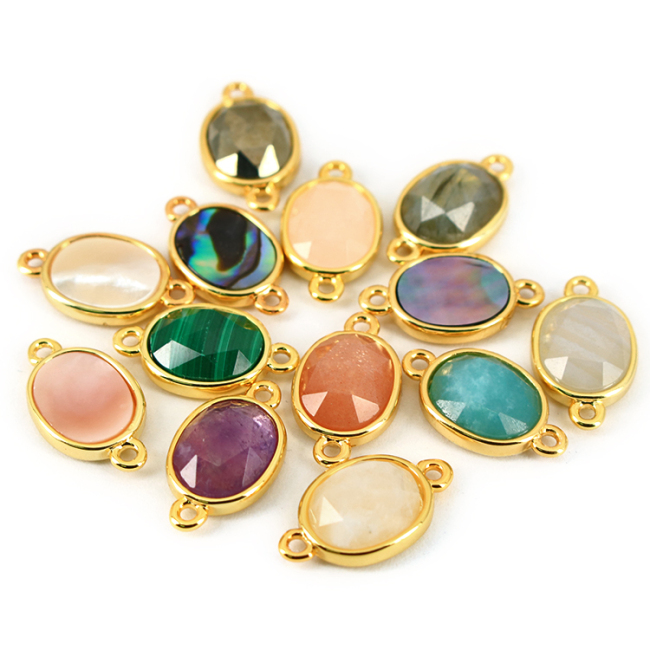 JF8711 Dainty Gold Plated Faceted Natural moonstone Semiprecious Stone Gemstone Oval Bezel Two Ring Connector