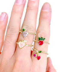 RM1228 New 18K Gold Plated Brass Big Stone Color Gemstone Fruit peach apple strawberry grape Tiny Link Chain Rings For Ladies