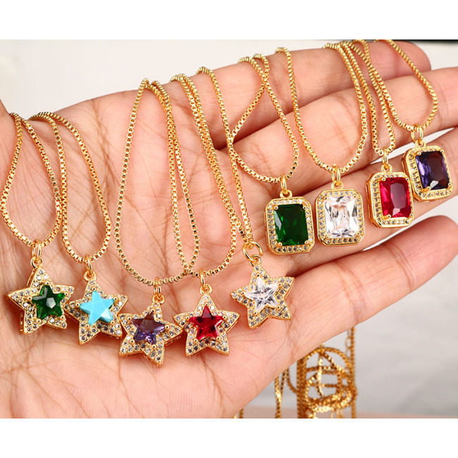 NZ1136  Dainty Bling Jewelry Gold Plated Big Zircon CZ Diamond Star Rectangle Pendant Chain Statement Necklace