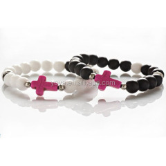 BRC2007 Pink Cross Bracelet For Couples,Natural White Jade Black Onyx Stone Bracelet For Boys Girls BRC2007 Pink Cross Bracelet For Couples,Natural White Jade Black Onyx Stone Bracelet For Boys Girls