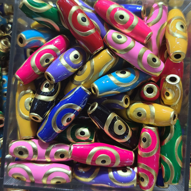 JS1640 Good Quality Enamel Rainbow Matte Gold Plated Brass Evil Eyes Drum Spacer Focal Jewelry Beads