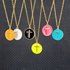 NM1206 18k Gold Plated Rainbow Enamel Multicolor Cross On Disc Round Pendant Stainless Steel Chain Necklace NM1206 18k Gold Plated Rainbow Enamel Multicolor Cross On Disc Round Pendant Stainless Steel Chain Necklace