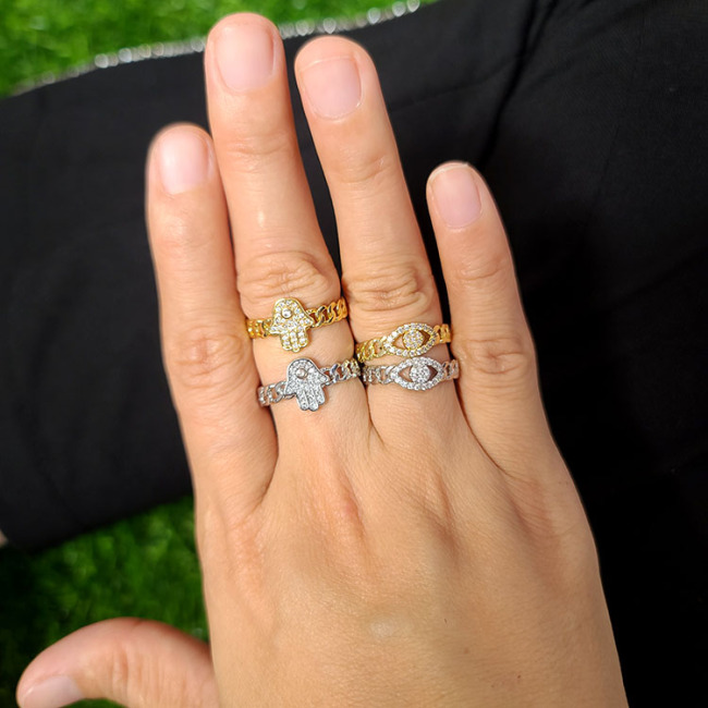 RM1298 Trendy 18k Gold Silver Plated Micro Pave CZ Evil Eye Hamsa Hand Open Rings with Curb Cuban Link Chain Band