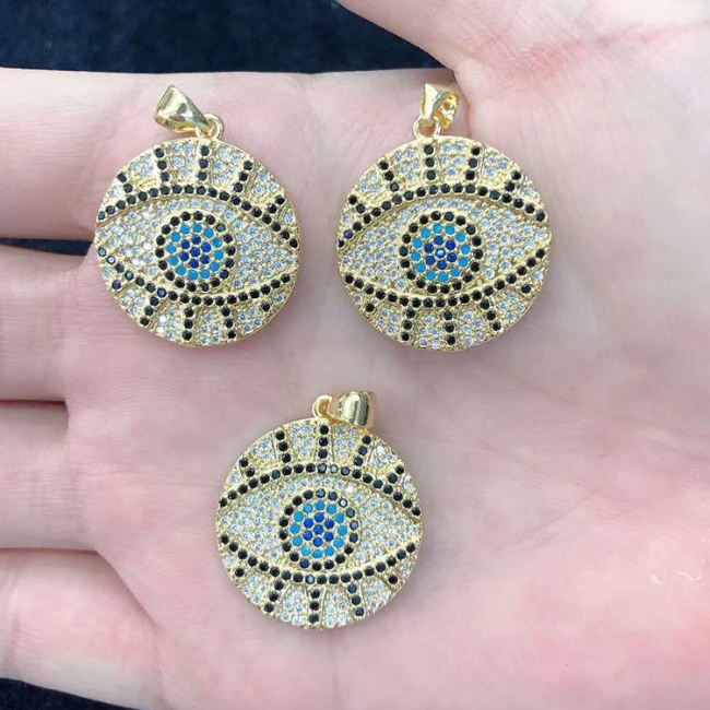 CZ8104 CZ Micro Pave EvilEye Disc Charm Pendant, Diamond Cubic Zirconia Pave Eye Round Pendant