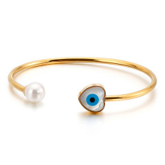 BS2039 High Quality Gold plated Stainless Steel Pave Pearl & MOP Evil Eyes Heart Wrist Lucky Bracelet Bangle for Women
