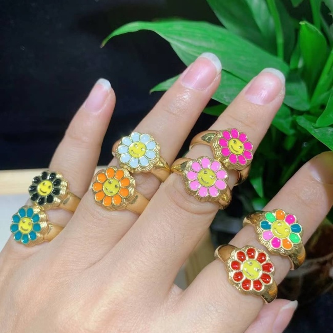 RA1052 High Quality New 18k Gold Plated Chunky Colorful Enamel Rainbow Sunflower SmileyThick Band Open Rings