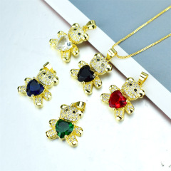 NZ1225 popular 18k gold plated brass colored CZ diamond gemstone teddy bear charm Pendant Necklaces