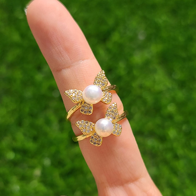 RM1303 Gold Silver Plated Minimalist Micro Pave CZ Insect Butterfly Dragonfly Bee Bird Animal and Pearl Open Rings