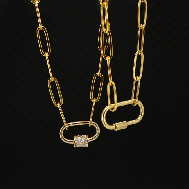 NZ1073 Dainty Jewelry Chic Gold Cubic Zirconia CZ Micro Pave Carabiner Clasp Buckle Lock Pendant Paper Clip Chain Necklace