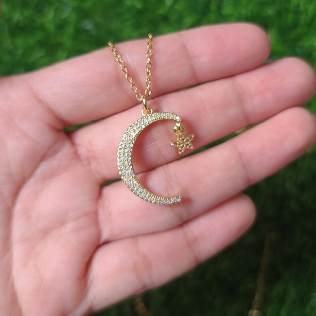 NZ1299  Fashion 18k Gold Hollow Star Heart Shaped Moon Crescent and Star Celestial Jewelry Necklace