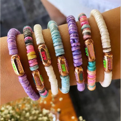 BE2023 New design Fashion Colorful Shell Heishi Disc Beaded Gold Words Tube Elastic Bracelet