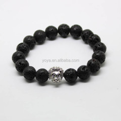BRA1120 wholesale 10mm black lava beads stainless steel lion head men bracelets