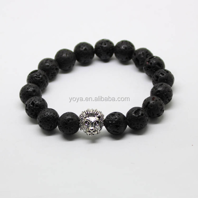 BRA1120 wholesale 10mm black lava beads stainless steel lion head men bracelets