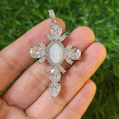 Fashion 18k Gold Plated CZ MOP White Shell Blessed Mother Virgin Mary Saint Halo Cross Pendants Religious Jewelry Supplies