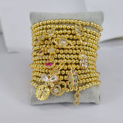 BC1381 4mm tiny 18k gold ball beaded elastic bracelet with CZ heart star Hamsa Hand Safety Pin Cross Charms for ladies