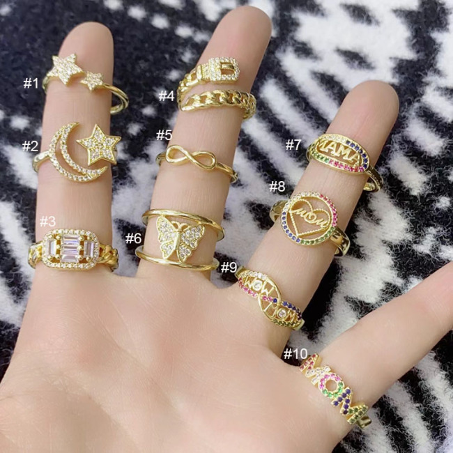 RM1403 Mother's Day Jewelry Gift Dainty 18k Gold Plated Diamond CZ Micro Pave Heart Mama Mom Momma Stackable Rings for Ladies