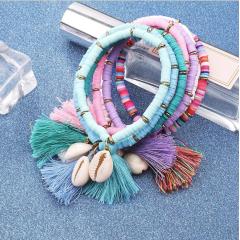 BE1002 summer season trending polymer clay disc beaded shell products handmade tassels bohemia bracelet women