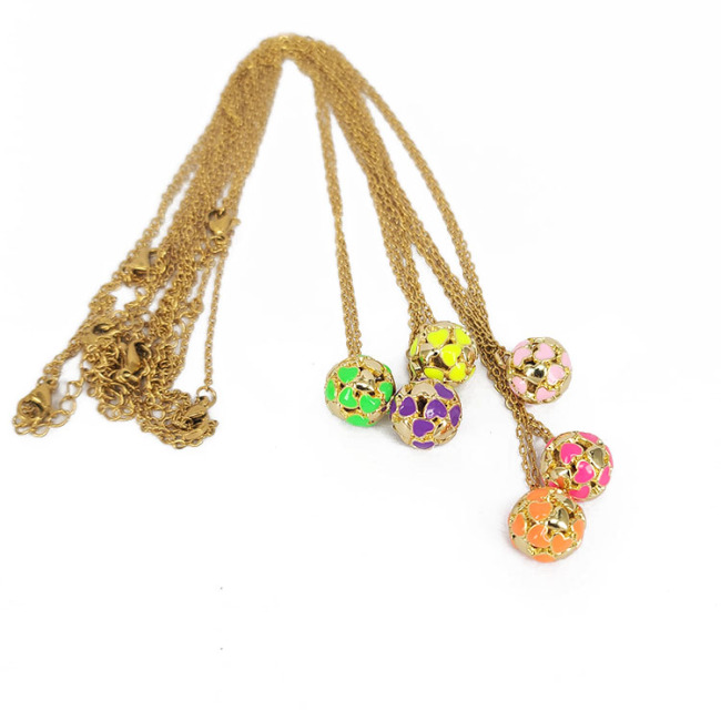 NM1255 Gold Plated Stainless Steel Chain Enamel Multi Colored Heart Ball Pendant Necklace for Women