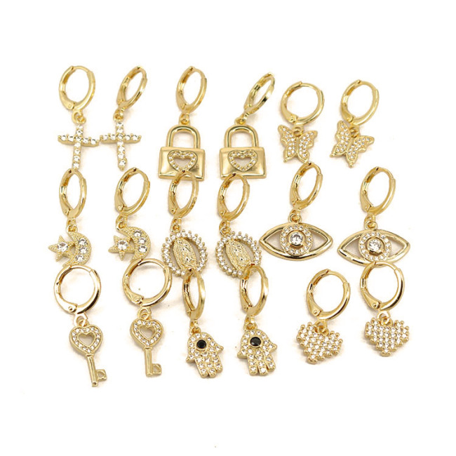 EC1684 2021 Chic Dainty Minimal Cubic Zirconia CZ Micro Pave Butterfly Mary Cross Evil Eyes Dangle Charm Huggie Hoop Earrings