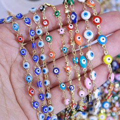 BCL1232 Rainbow Colorful Glass Enamel Evil Eyes Gold Plated Rosary Chain, Marquee Beaded Chain, Gold Necklace Body Belly Chains