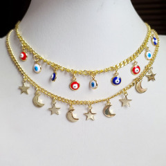 NM1042 Wholesale gold plated rainbow enamel evil eyes crescent moon and star dangle charms celestial chocker necklace