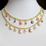 NM1042 Wholesale gold plated rainbow enamel evil eyes crescent moon and star dangle charms celestial chocker necklace