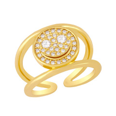RM1268 New 18K gold plated CZ diamond pave happy face smiley metal double band stacking Rings for Ladies