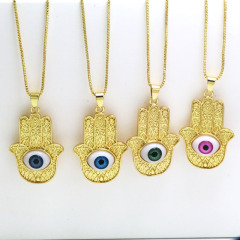 NM1210 Fashion Gold Plated Rainbow Evil Eyes Hamsa Hand Pendant Chain Necklaces for Women 2021