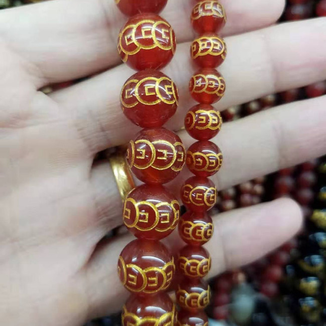 AB0825 Wholesale  black,Red Agate Carved Gold Ancient copper money Coin Pattern Round Beads