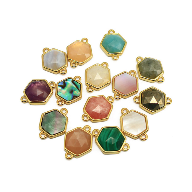 JF8710 Dainty Gold Plated Faceted Natural Labradorite Semiprecious Stone Gemstone Hexagonal Bezel Two Ring Connector