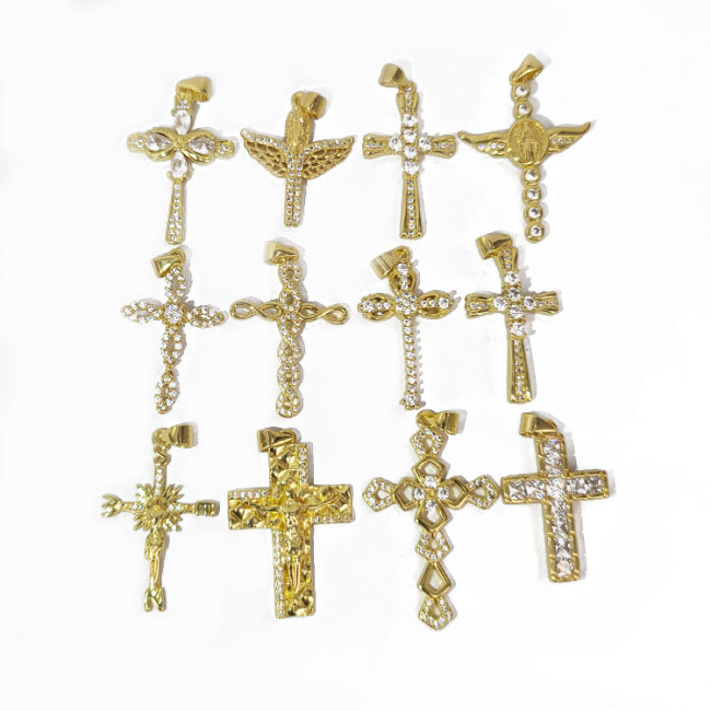 CZ8101 Dainty 18K Gold Plated Crystal CZ Diamond Paved Cross Charm Pendants,Cubic Zirconia Inlaid Cross Catholic Pendant