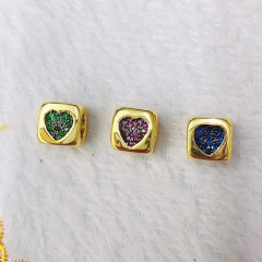 CZ8099 Large Hole Gold Plated Diamond CZ Micro paved Heart Dice Cube BOX Jewelry Spacer Beads with Heart Pattern