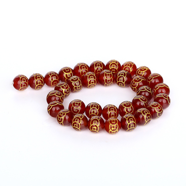 AB0825 Wholesale  black,Red Agate Carved Gold Ancient copper money Coin Pattern Round Beads
