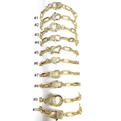 BC1325 Unique 18k Gold Plated Link Chain Bracelet with CZ Paved Heart Lobster Clasp Lock Closure for Ladies Women