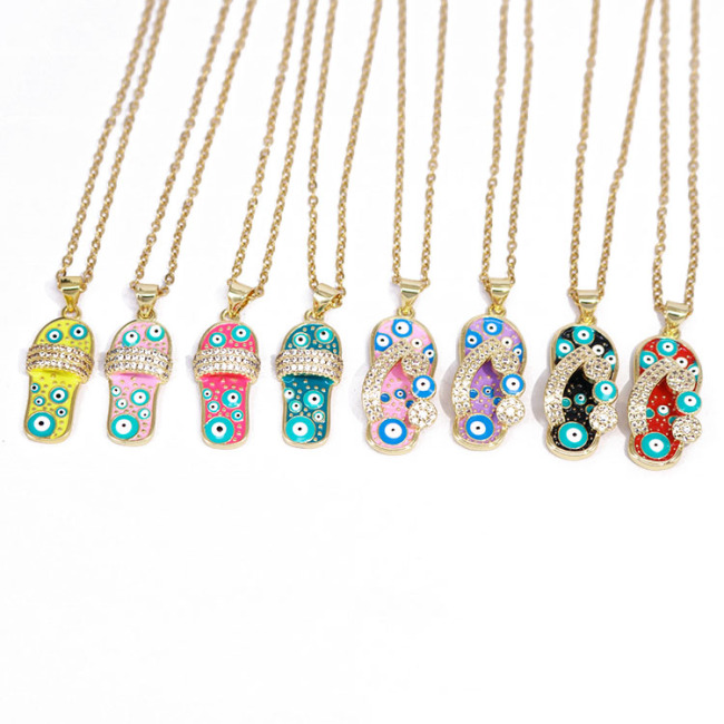 NZ1300  Fashion Small Cute 18k Gold Enamel Evil Eyes Flip Flop Slipper Pendant Stainless Steel Chain Necklace for Women
