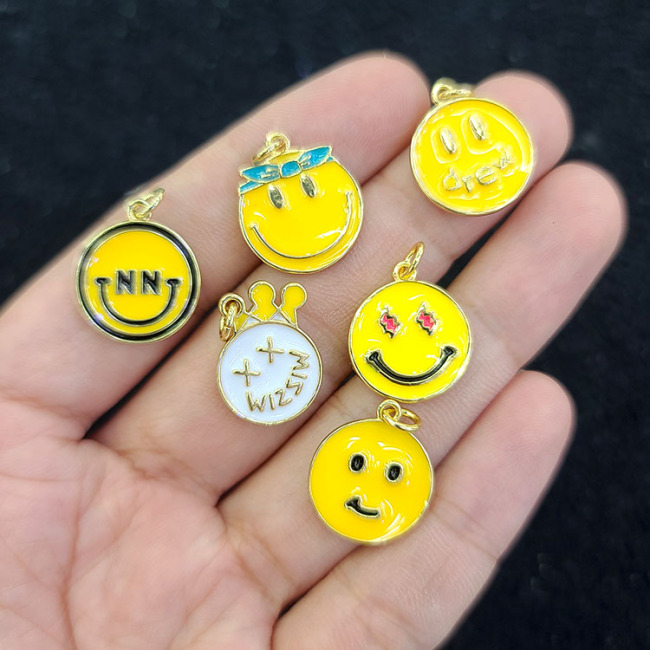 JS1556 18k Gold Plated Fun Yellow White Enamel Emoji Smiley Charm Pendants