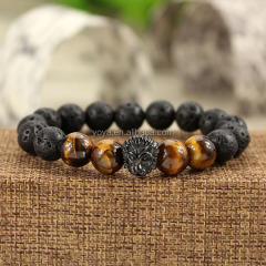 BRS1509 High Quality Stainless Steel Lion Head Bracelet,Black Lava & Tigereye Beaded Lion Face Men's Bracelet