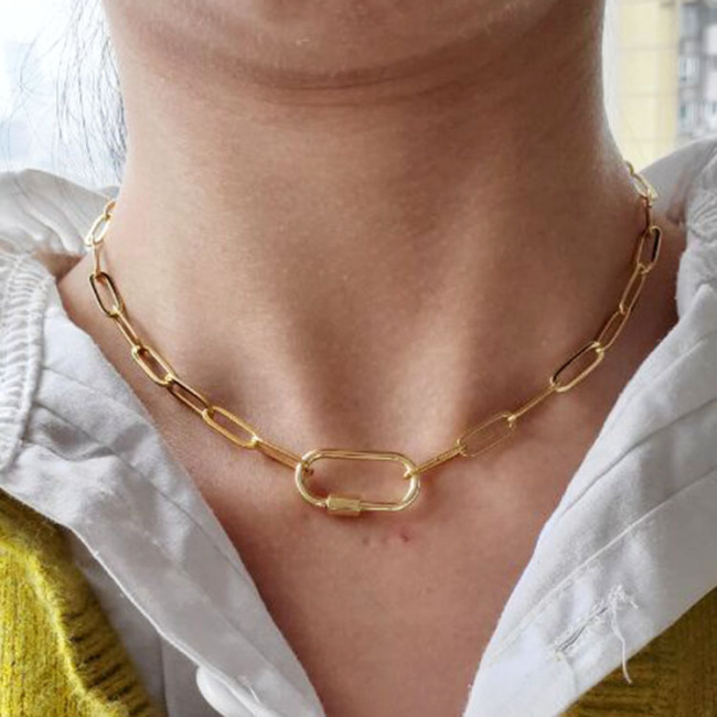 NZ1073 Dainty Jewelry Chic Gold Cubic Zirconia CZ Micro Pave Carabiner Clasp Buckle Lock Pendant Paper Clip Chain Necklace