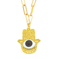 NM1218 Fashion Gold Plated Rainbow Resin Eyeball Hamsa Hand Pendant Paperclip Chain Necklaces for Women 2021