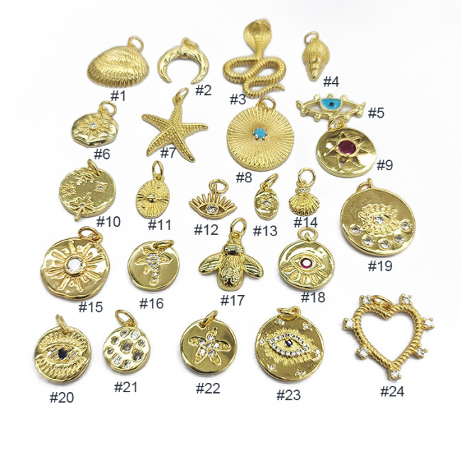 CZ8436 Fashion Dainty 18k gold plated CZ micro pave diamond Shell Starfish Evil Eye Star Tree Signet Disc Round Charm Pendants
