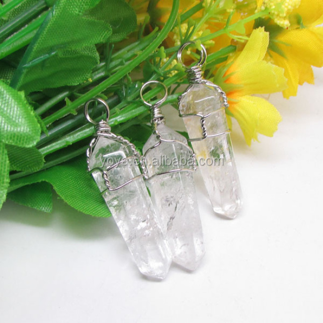 JF6915 Large Silver Wire wrapped Natural Clear Quartz Point Pendants,Natural Crystal Gemstone Pendant Charm