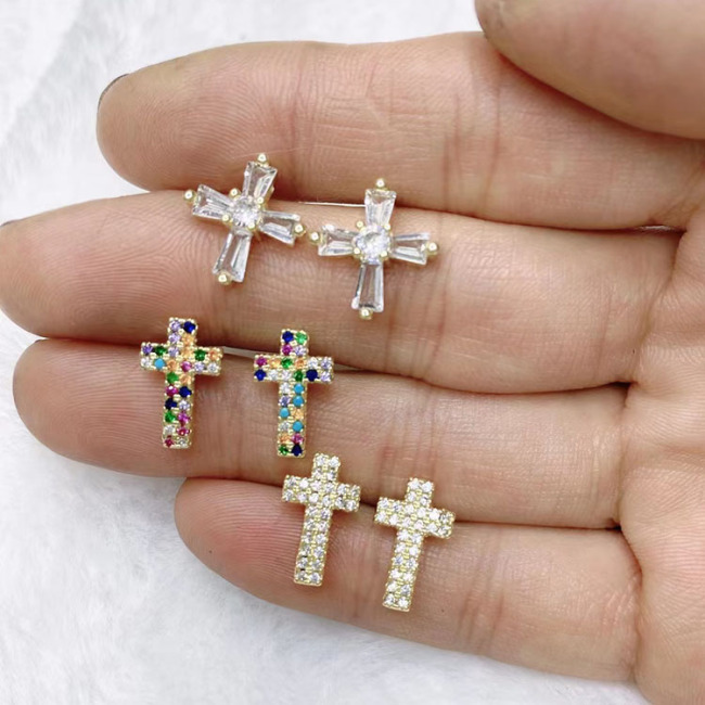 EC1811 Trendy Minimal tiny mini 18k Gold Plated CZ Micro Pave Cross Stud Earrings,dainty Diamond Pave Cross Studs for Women