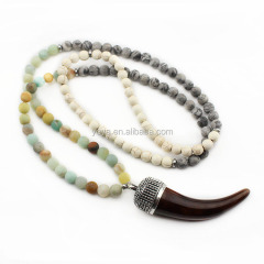 NE2420 Wholesale natural amzonite gemstone beaded Necklace With Antique Silver Cap Horn Pendants