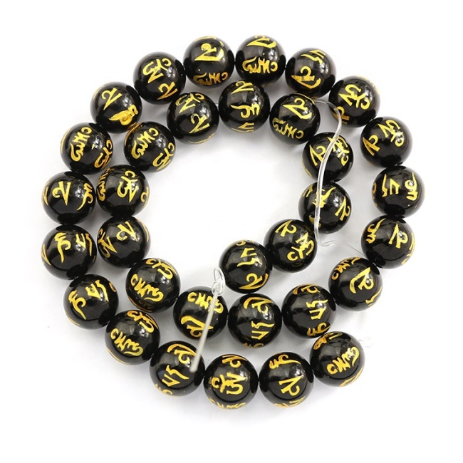 AB0683 Gold Mantra Carved Black Agate Beads,OM mani padme hum Onyx Beads