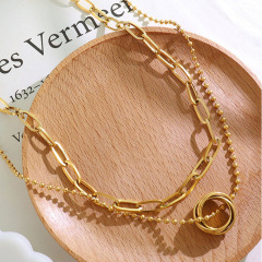 NS1228 Dainty Tarnish Free 18K IP Gold Plated Stainless Steel Paper Clip Chain Ball Chain with Circle Charm Layered Necklace