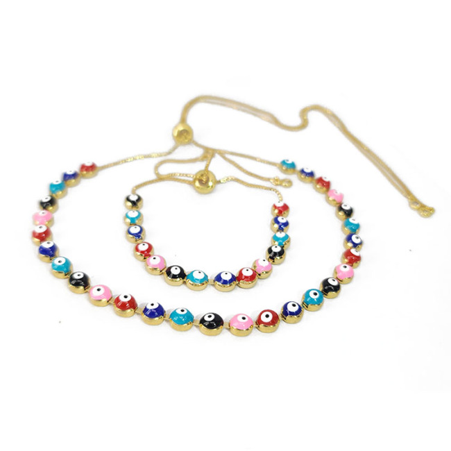 S11092 Hot Selling18k Gold Plated Enamel Rainbow Evil Eyes Rosary Chain Necklace and Bracelet Jewelry Sets for Women Ladies