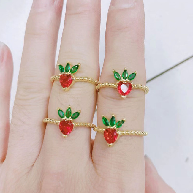RM1228 New 18K Gold Plated Brass Big Stone Color Gemstone Fruit peach apple strawberry grape Tiny Link Chain Rings For Ladies